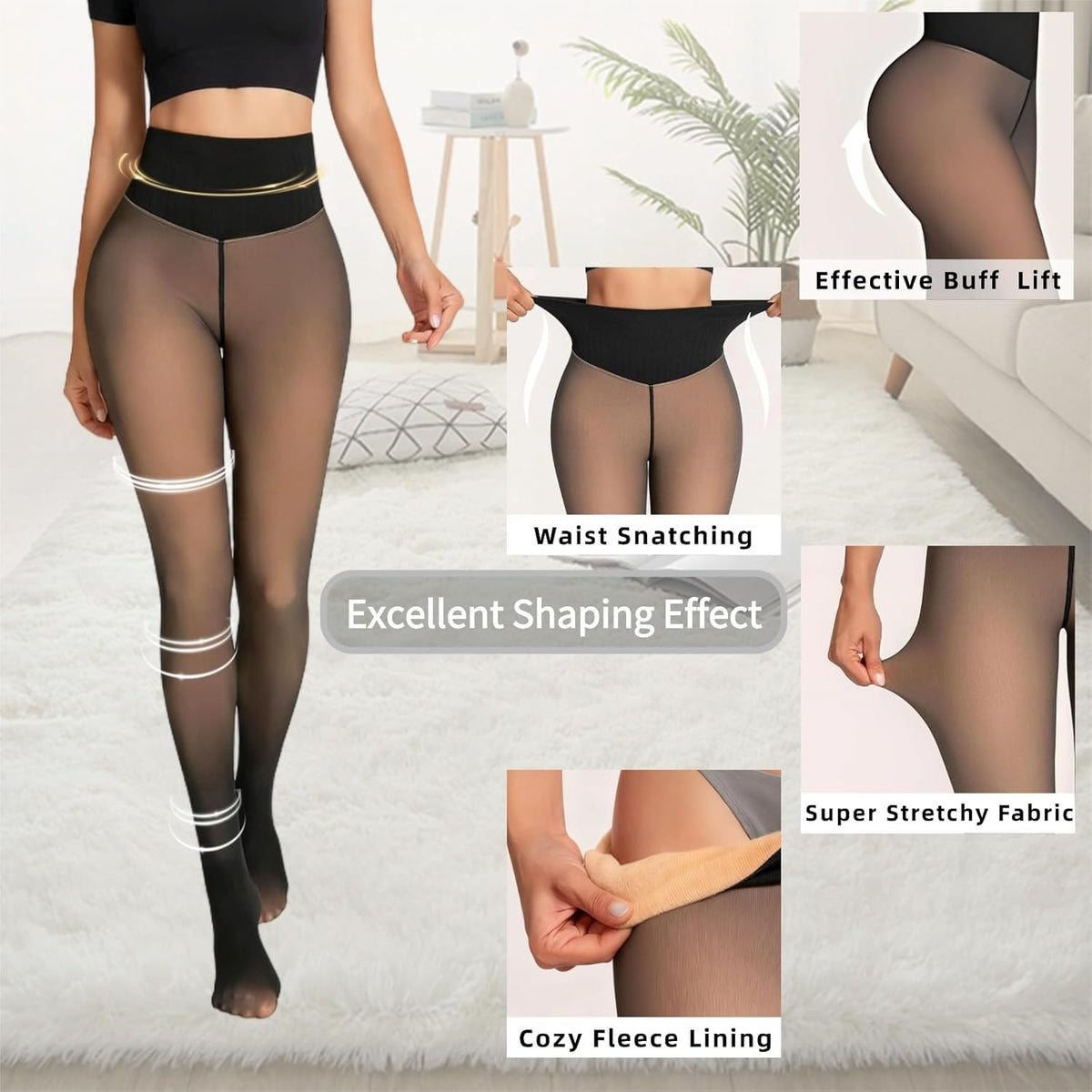 Close-up of SheerWarm thermal tights showing tummy control waistband